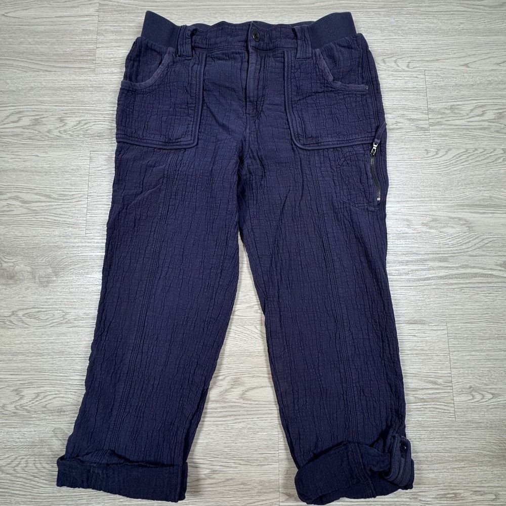 Chico's Women's Pants 0‎ US 4 Navy Blue Textured Cargo Utility Roll Tab Hem